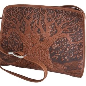 EUC, Oberon Designs Tree of Life Retro Crossbody handbag in saddle, hand tooled